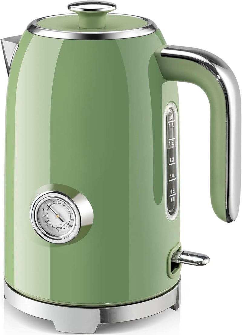 susteas Electric Kettle - 57oz Hot Tea Water Boiler with Thermometer, 1500W Fast Heating Stainless Steel Pot, Cordless LED Indicator, Auto Shut-Off & Boil Dry Protection, Retro Green - Image 1